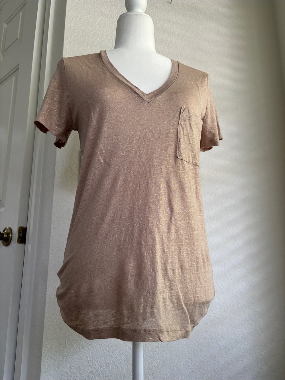 J. Crew Linen Gold Metallic Short Sleeve V-Neck Pocket Tee